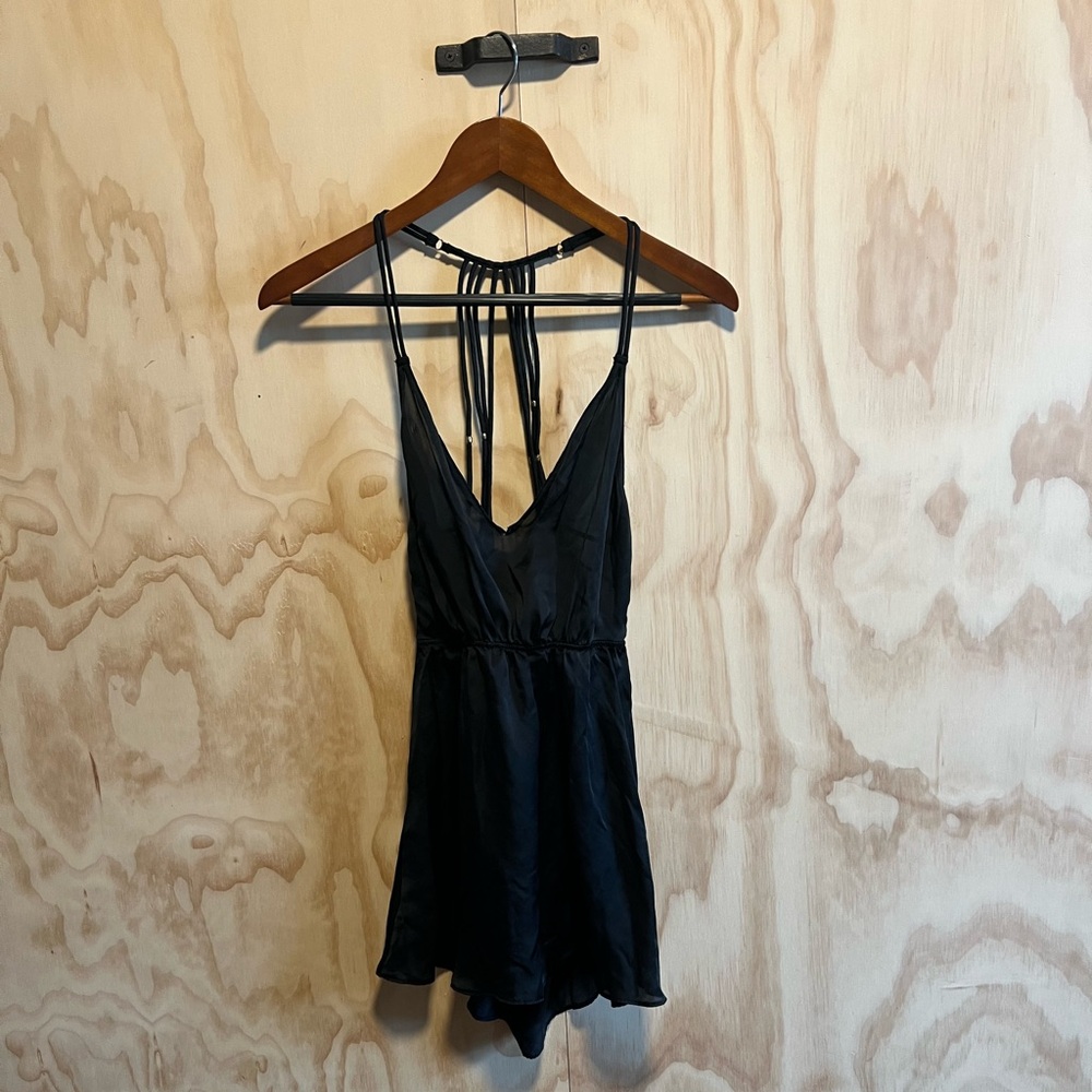Victoria’s Secret Open Back Gold Beaded Mini Slip Sheer Dress S Black